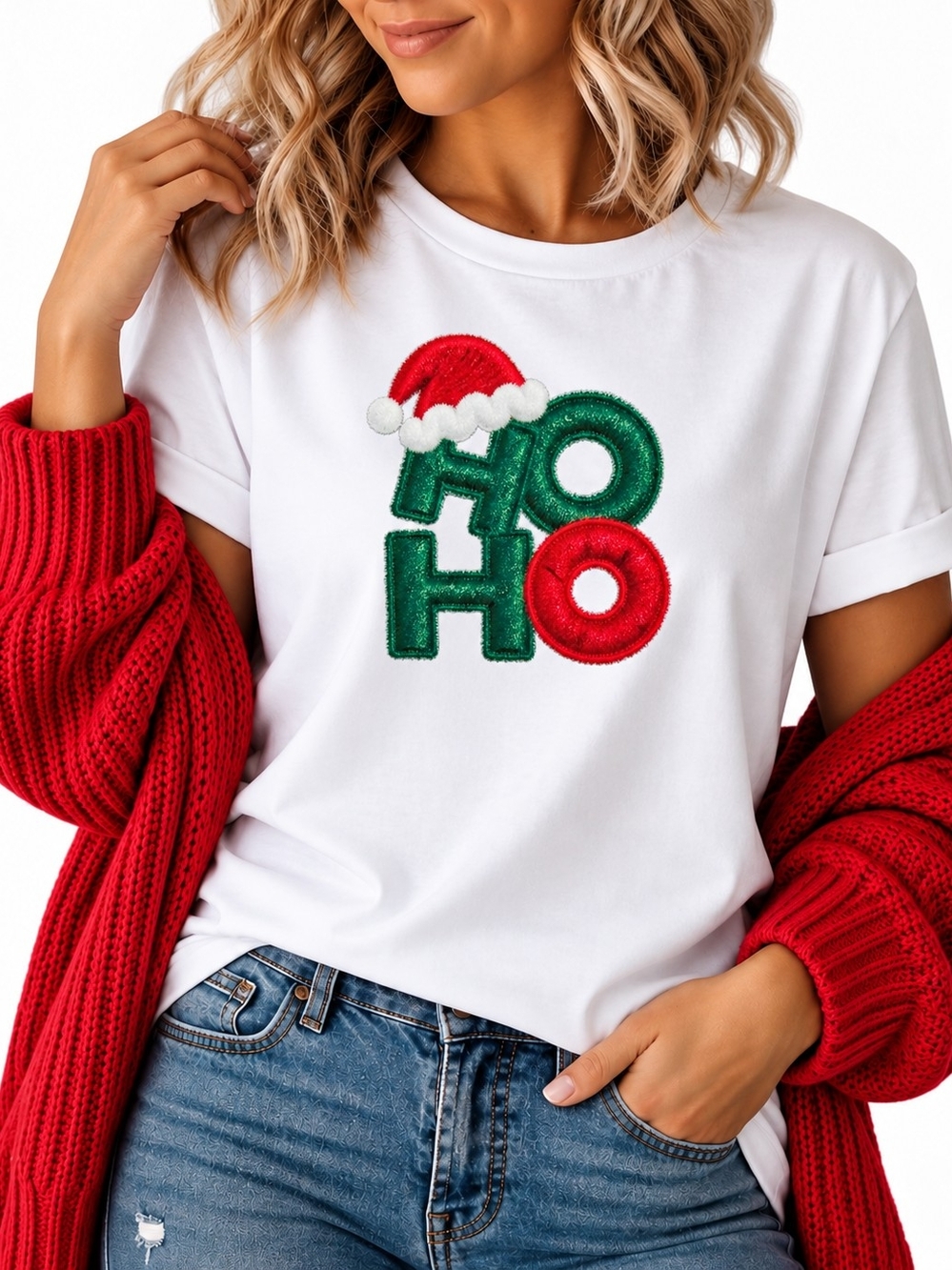 Gildan White Tee with Red & Green 'HO HO' Applique